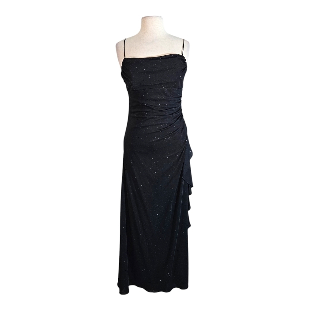 Betsy & Adam Black Sparkly Ruched Floor Length Gown